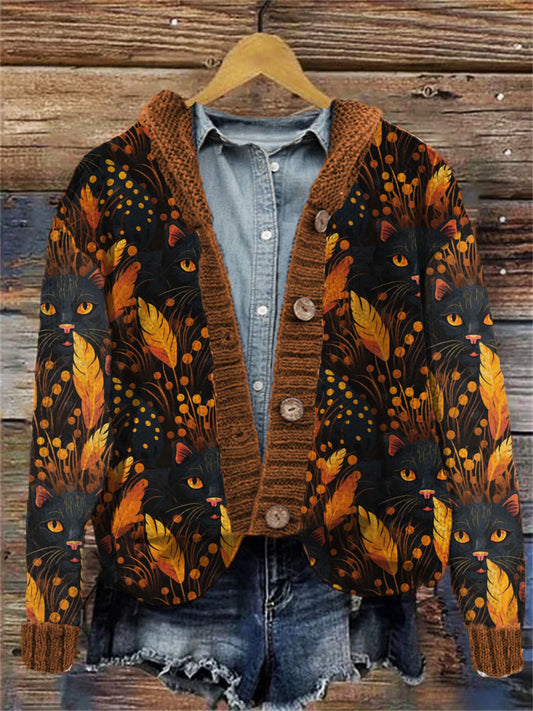 Colorful Black Cat Pattern Women's Cardigan elevenforest