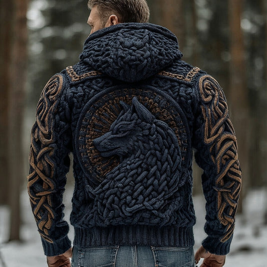 Men's Viking Wolf Totem Chunky Knit Hooded Cardigan artswardrobe