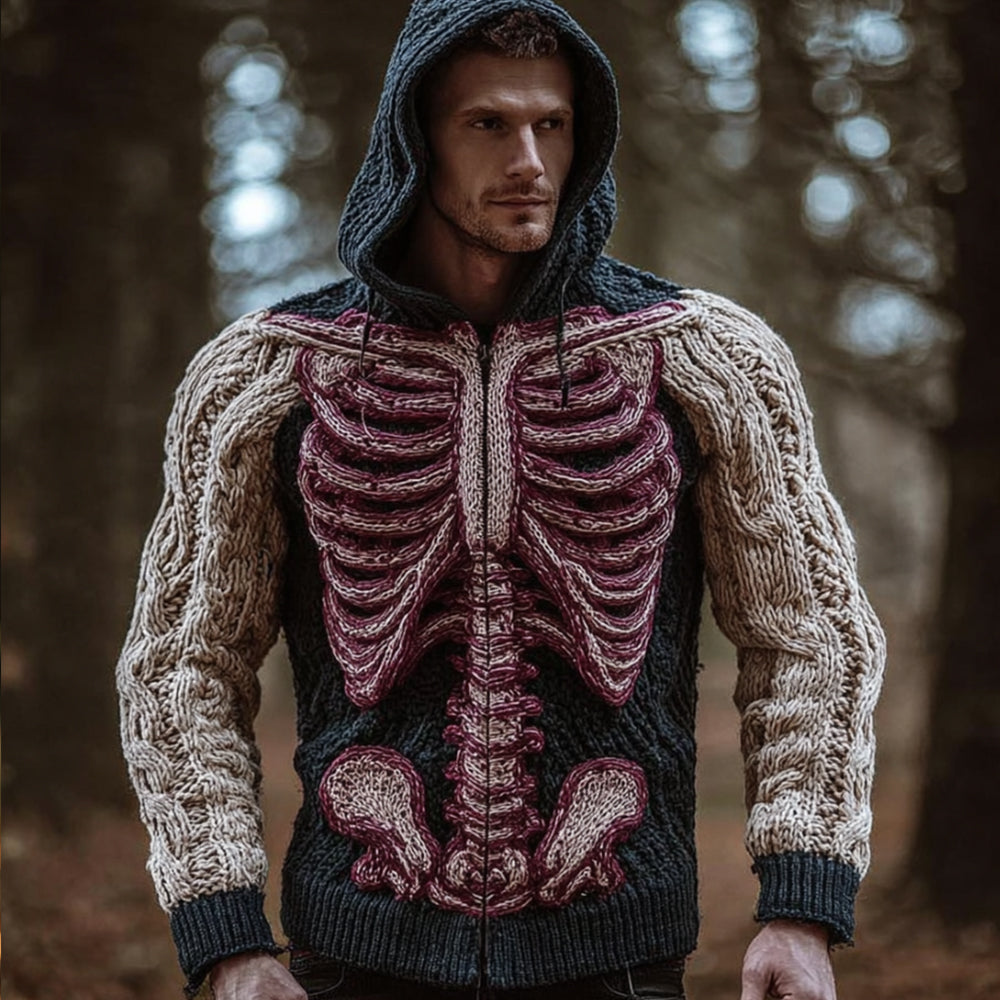 Halloween Human Anatomy Art Color Blocked Thick Needle Hooded Cardigan Sweater artswardrobe
