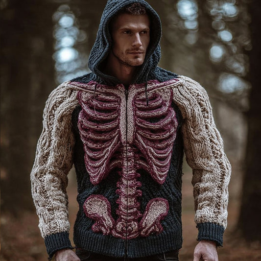 Halloween Human Anatomy Art Color Blocked Thick Needle Hooded Cardigan Sweater artswardrobe