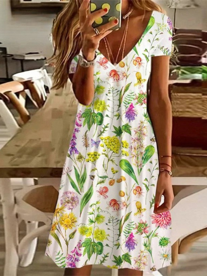 KL | Mujer Sundress Midi Vestido Manga Corta Estampado Floral Verano Casual Cuello en V Vestidos Sueltos Talla Grande 2024 Ropa de Mujer Vestidos