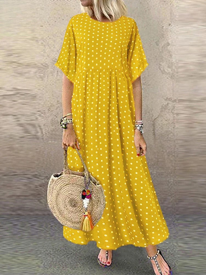 KL | Polka Dot Ladies Midi Dress Bohemian Holiday Short Sleeve O-Neck Long Robe Vintage Loose Casual A-line Vestidos Summer