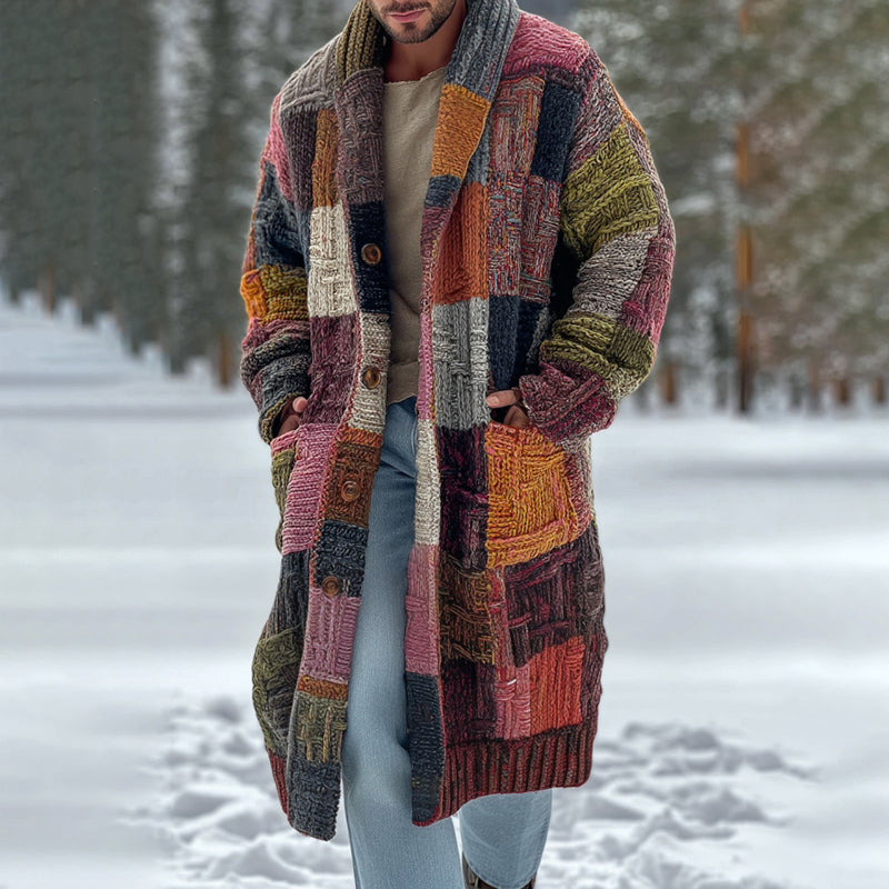 Men's Vintage Geometric Block Knit Warm Sweater Long Cardigan artswardrobe