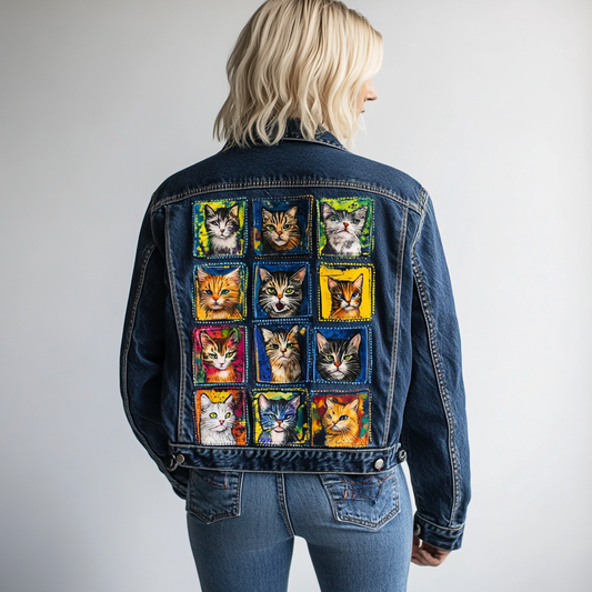 Women's Pop Art Cute Cat Design Denim Jacket elevenforest