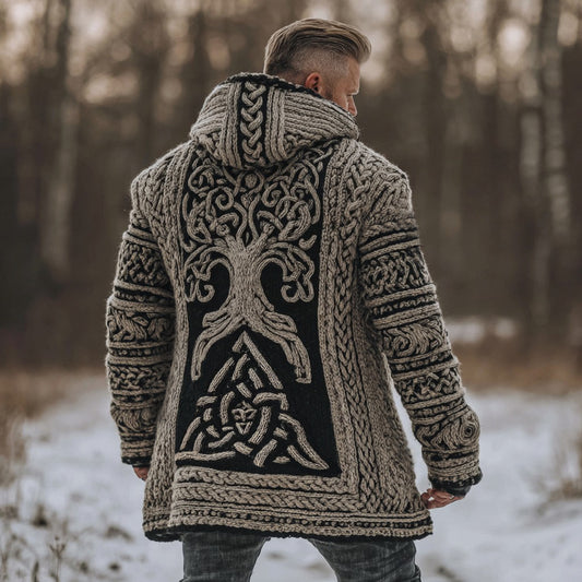 Men's Viking Valknut Life Of Tree Celt Chunky Knit Hooded Cardigan artswardrobe