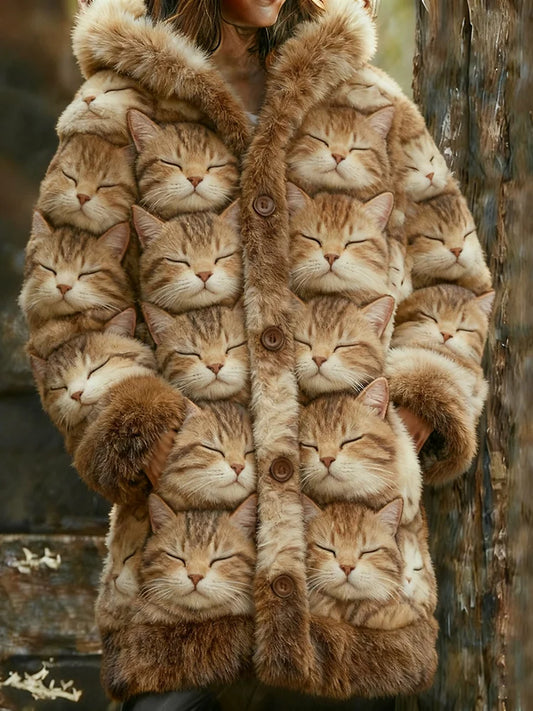 Women's Funny Cats Pattern Art Print Casual Fleece Coat