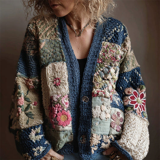 Japanese Floral Sashiko Art Embroidered Patchwork Cozy Knit Cardigan artswardrobe