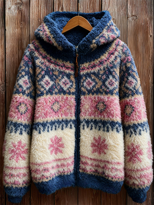 Vintage Snowflakes Contrast Isle Cozy Hooded Fleece Jacket elevenforest
