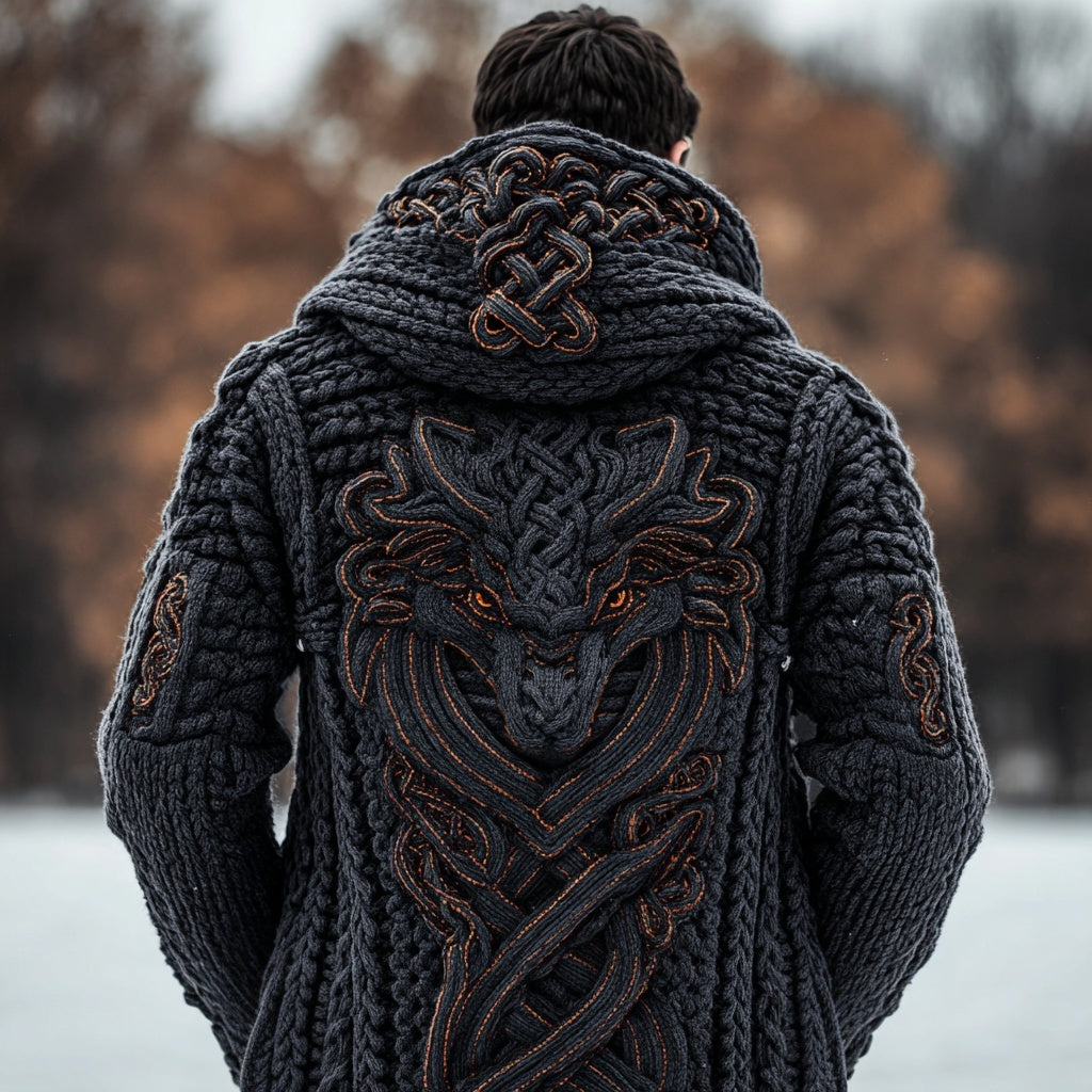 Men's Viking Inspired Celtic Dragon Hooded Sweater Cardigan artswardrobe