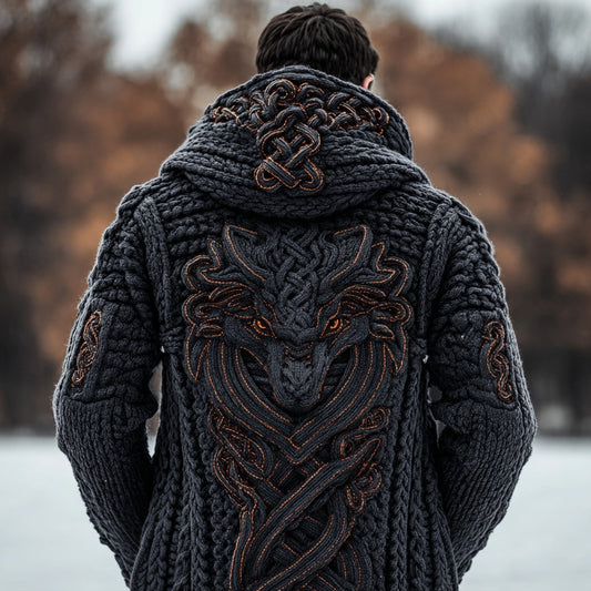 Men's Viking Inspired Celtic Dragon Hooded Sweater Cardigan artswardrobe