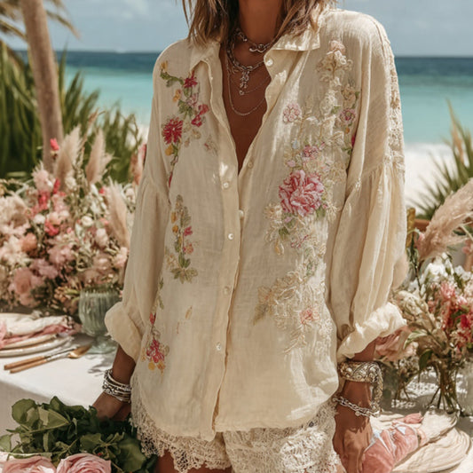 Comstylish Vintage Floral Pattern Art Linen Comfy Button Shirt
