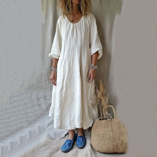 Vintage Crew Neck Cotton Linen Comfy Maxi Dress artswardrobe