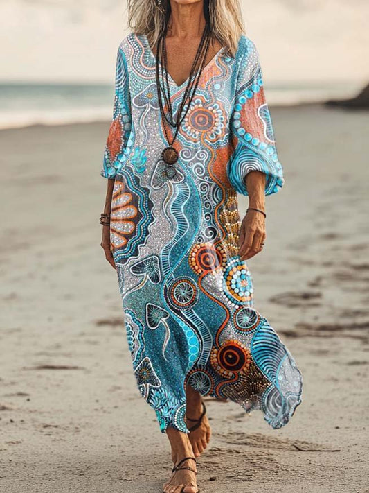 Women's Irregular Pattern Art Print Pocket Cotton Dresses