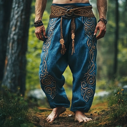 Tribal Viking Celtic Embroidery Art Linen Long Loose Wide-leg Pants artswardrobe