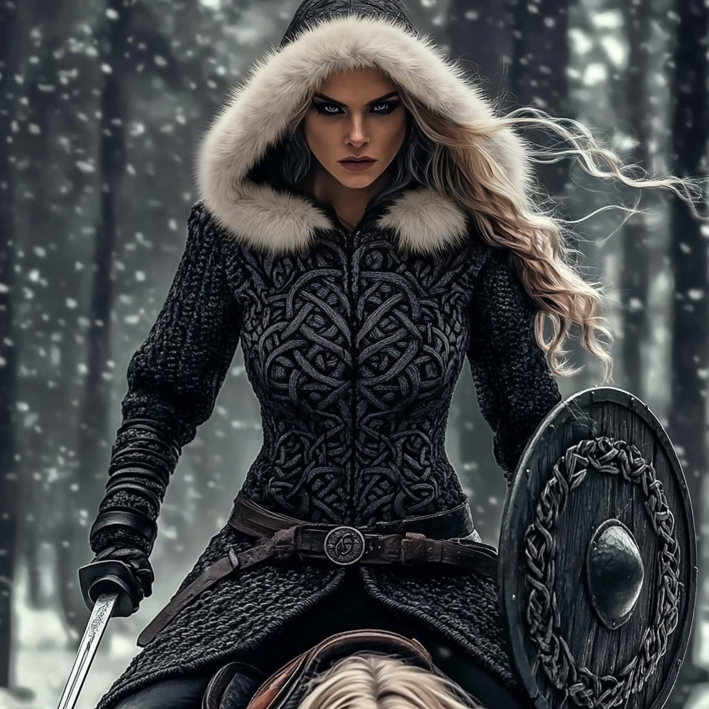 Women's Viking Celtic Knitted Jacquard Long Zipper Fur Collar Sweater Cardigan artswardrobe