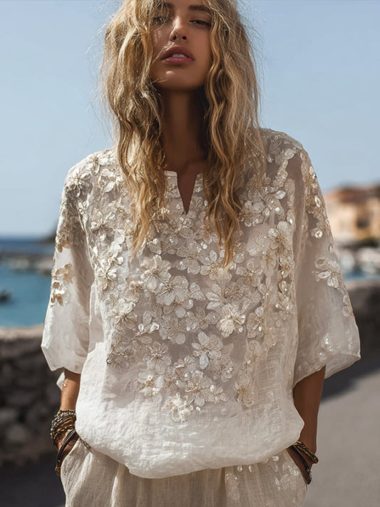 Comstylish Ladies' Taboo Romantic White Flower Embroidery Vintage Short-sleeved Shirt
