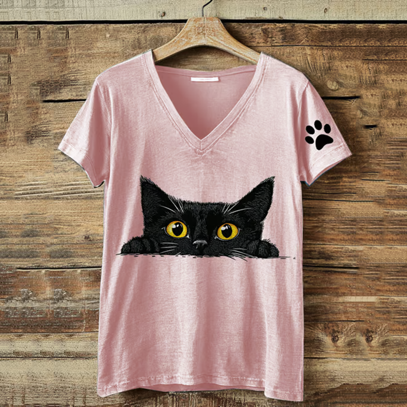 Comstylish Abstract Creative Cute Cat Printed V Neck T-shirt