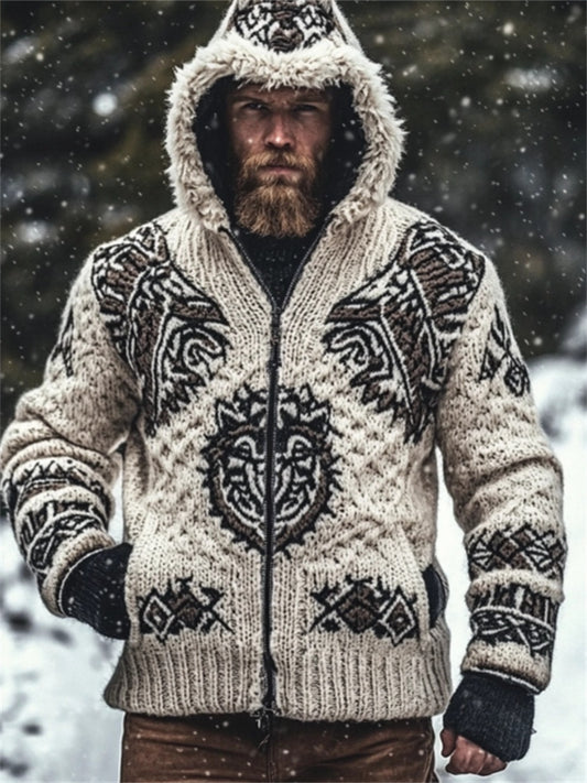 Men's Viking Fenrir Wolf Inspired Cozy Chunky Hooded Cardigan elevenforest