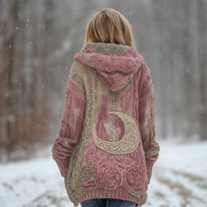 Women's Star And Moon Element Winter Warmth Knit Hooded Cardigan Sweater Jacket artswardrobe