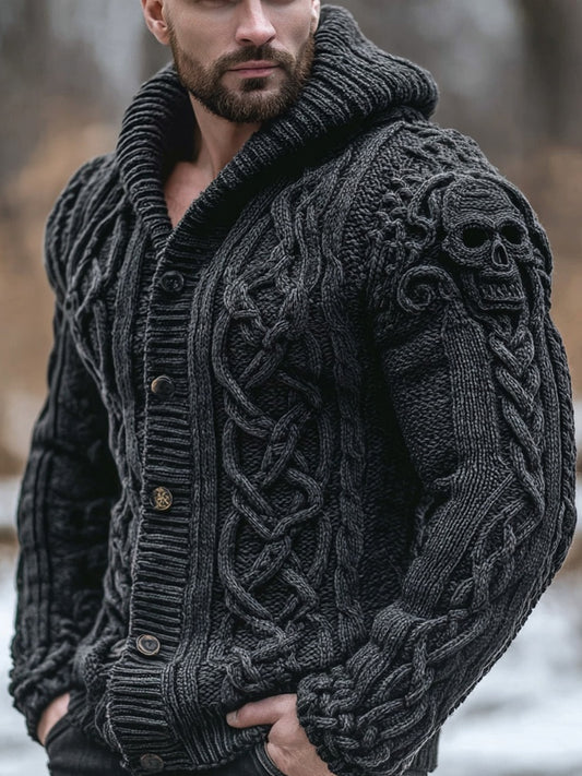 Men's Vintage Skull Celtic Chunky Cozy Hooded Cardigan elevenforest