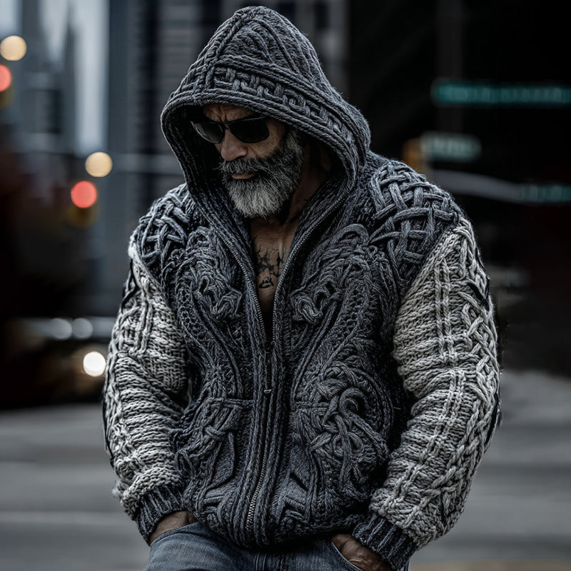 Men's Viking Dragon Totem Chunky Knit Hooded Cardigan artswardrobe