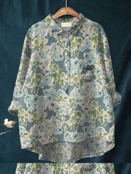 Women's Flower Art Print Casual Cotton And Linen Shirt