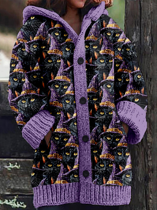 Witchy Cat Embroidery Art Cozy Hooded Cardigan elevenforest