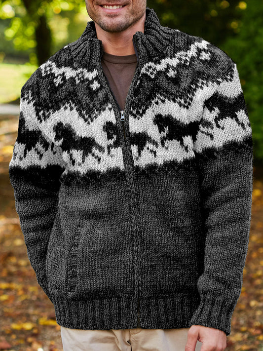 Men's Vintage Horses Icelandic Pattern Cozy Full Zip Cardigan elevenforest