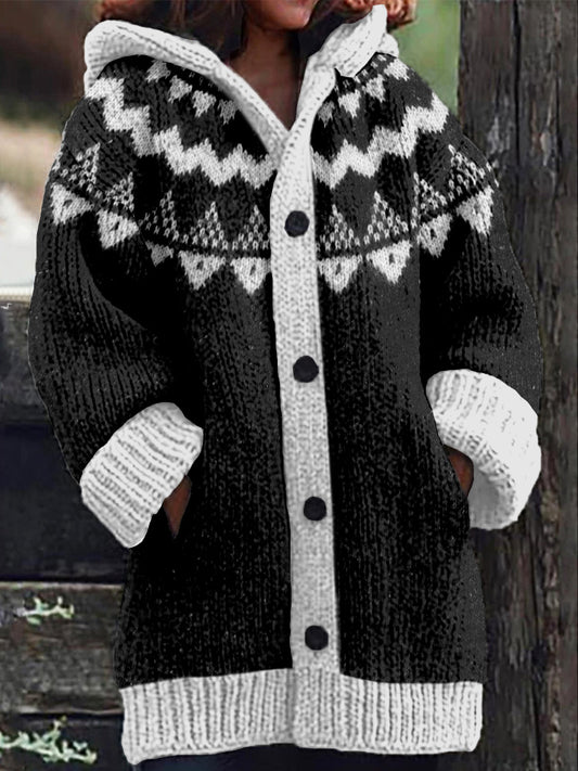 Vintage Icelandic Pattern Cozy Hooded Cardigan elevenforest