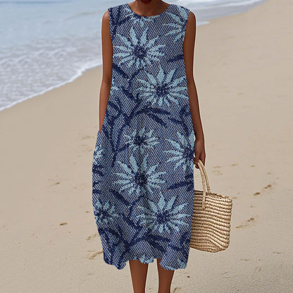 Japanese Floral Pattern Women's Linen Vest Dress artswardrobe