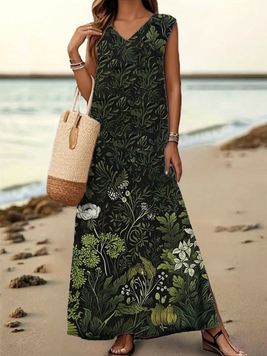 Women's Floral Art Print V-Neck Sleeveless Cotton Pocket Dress