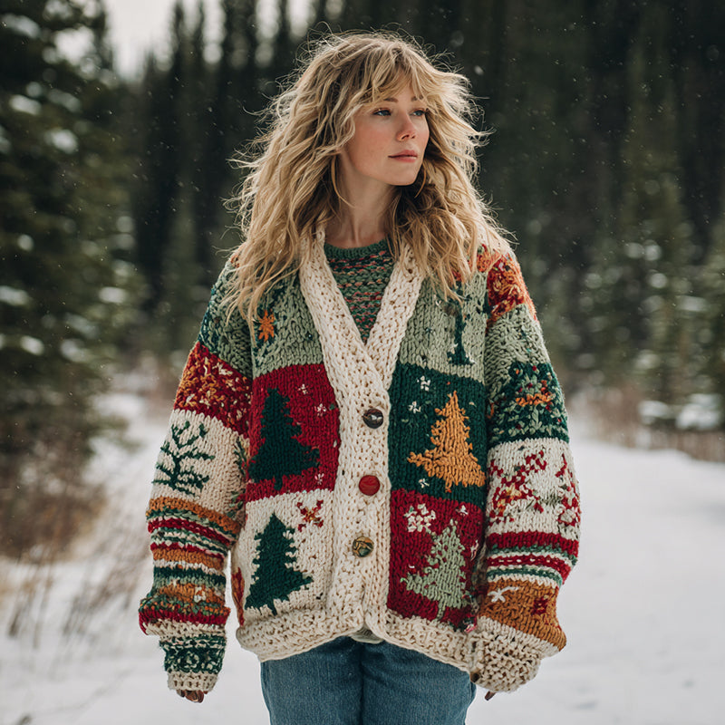 Christmas Tree Patchwork Contrasting Color Buttons Sweater Cardigan artswardrobe
