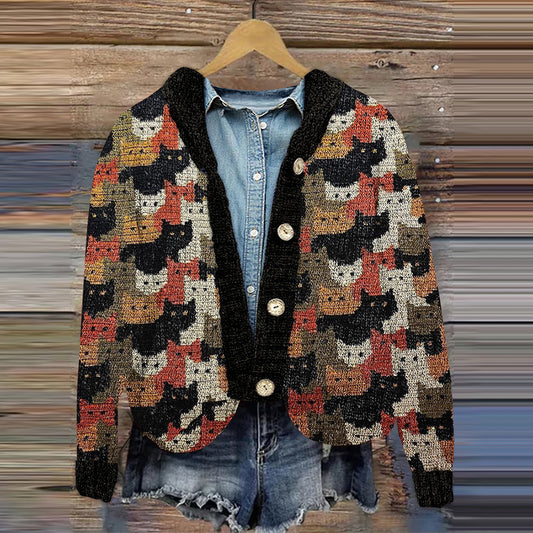 Vintage Love And Cute Cats Worlds Print Casual Knitted Cardigan elevenforest