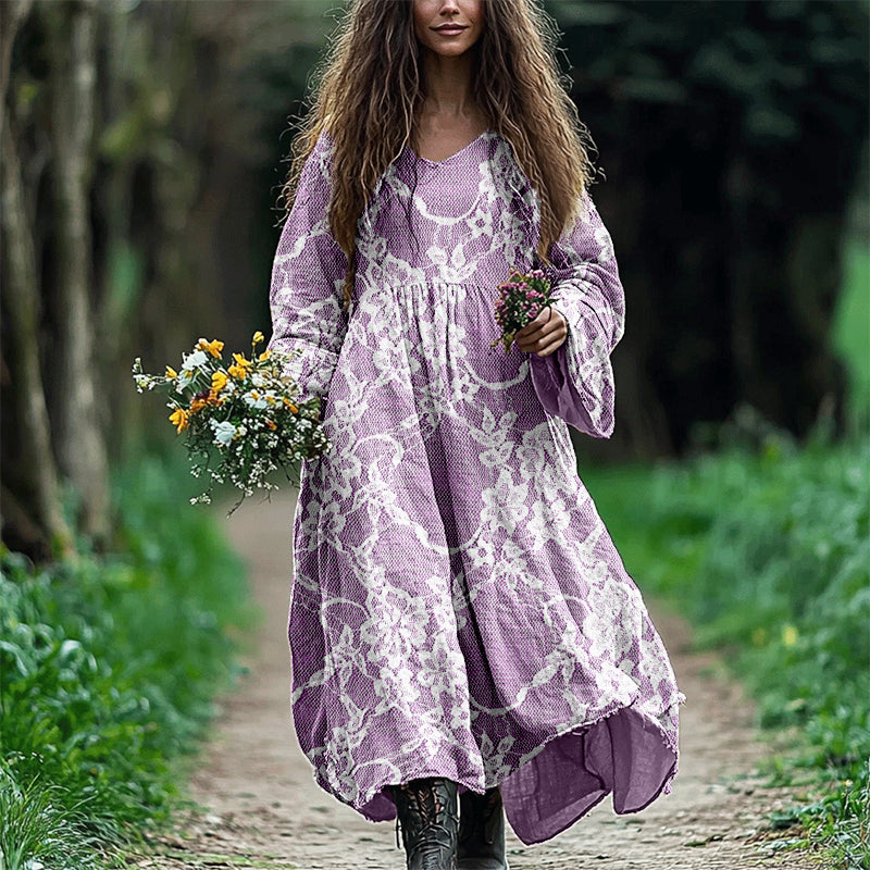 Vintage Floral Lace Linen Blend Flowy Maxi Dress artswardrobe