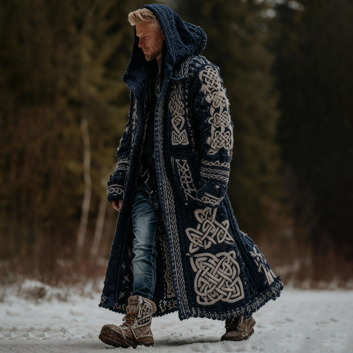 Men's Vintage Viking Celtic Knot Art Pattern Pocket Mid-length Hooded Sweater Cardigan artswardrobe