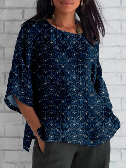 Comstylish Japanese Sashiko Uchiwa Art Linen Blend Cozy Tunic