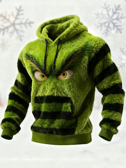 Comstylish Men's Christmas Monster Santa Claus Striped Cozy Plush Hoodie