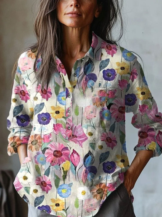 Women's Vintage Floral Art Print Casual Cotton And Linen Shirt artswardrobe