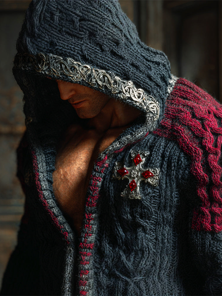 Halloween Cross Gemstone Art Men's Knit Hooded Cardigan artswardrobe
