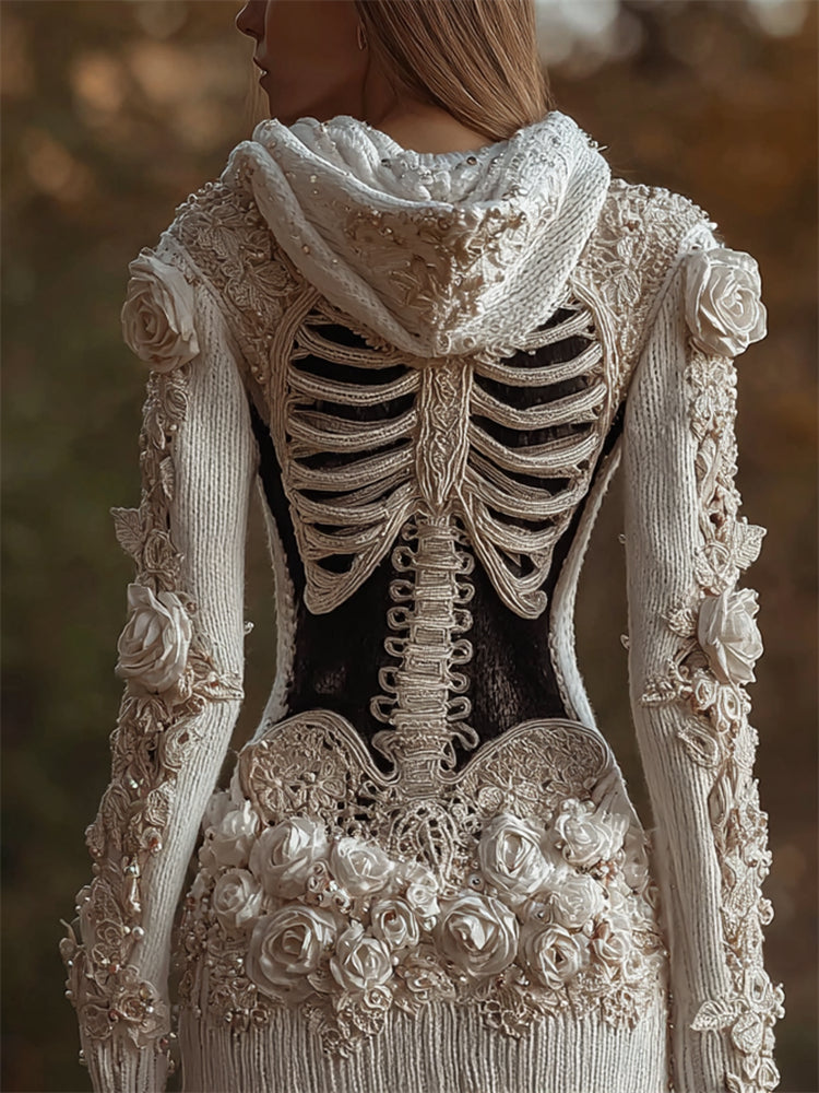 Vintage Skeleton Beaded White Roses Cozy Knit Hooded Cardigan artswardrobe