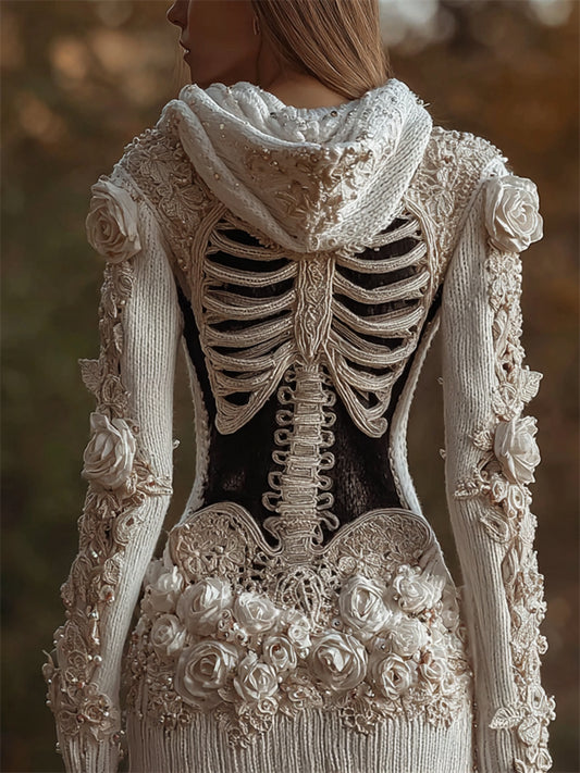 Vintage Skeleton Beaded White Roses Cozy Knit Hooded Cardigan artswardrobe