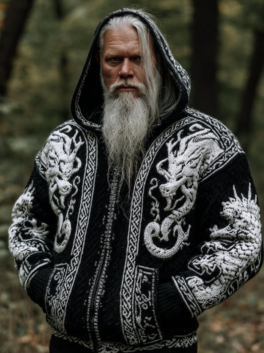 Men's Viking Style Double Dragon Mythology Hooded Cardigan Sweater artswardrobe