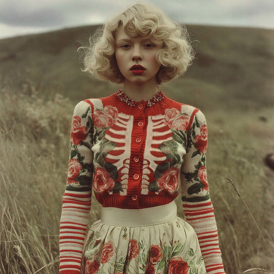 Women's Retro Rose Skull Stripe Cozy Knitted Sweater Cardigan artswardrobe