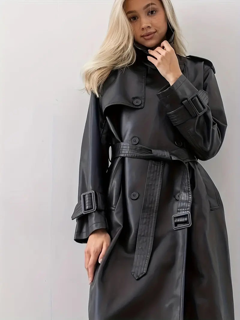 CM | Trench coat chaqueta de cuero con cinturón