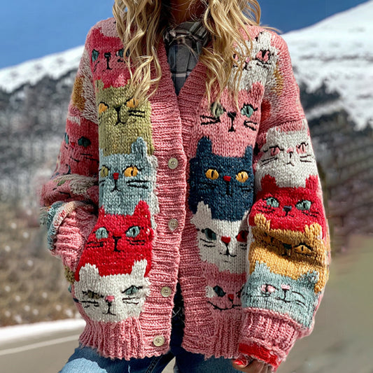 Colorful Cats Pattern Art Cozy Knit Cardigan elevenforest