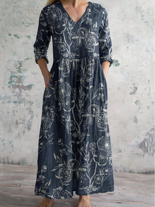 Women's V-neck Elegant Simple Rose Floral Pattern Cotton And Linen Dre