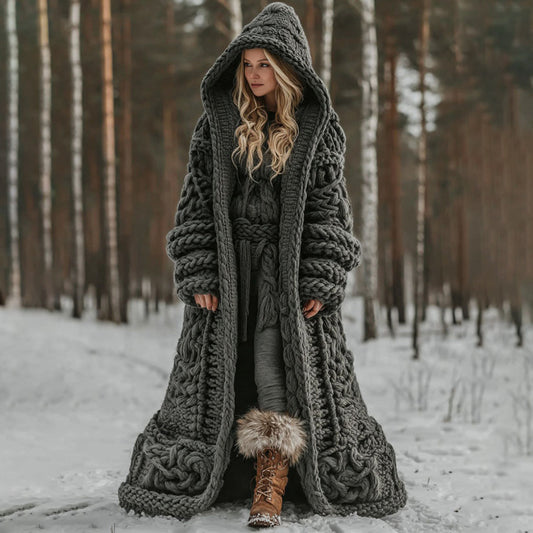 Women's Viking Celtic Knot Jacquard Art Hooded Knit Cardigan artswardrobe