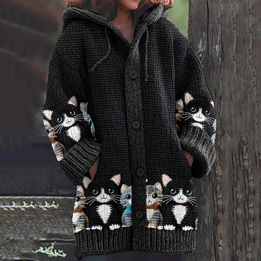 Vintage Cute Cat Art Women's Sweater Hooded Cardigan elevenforest