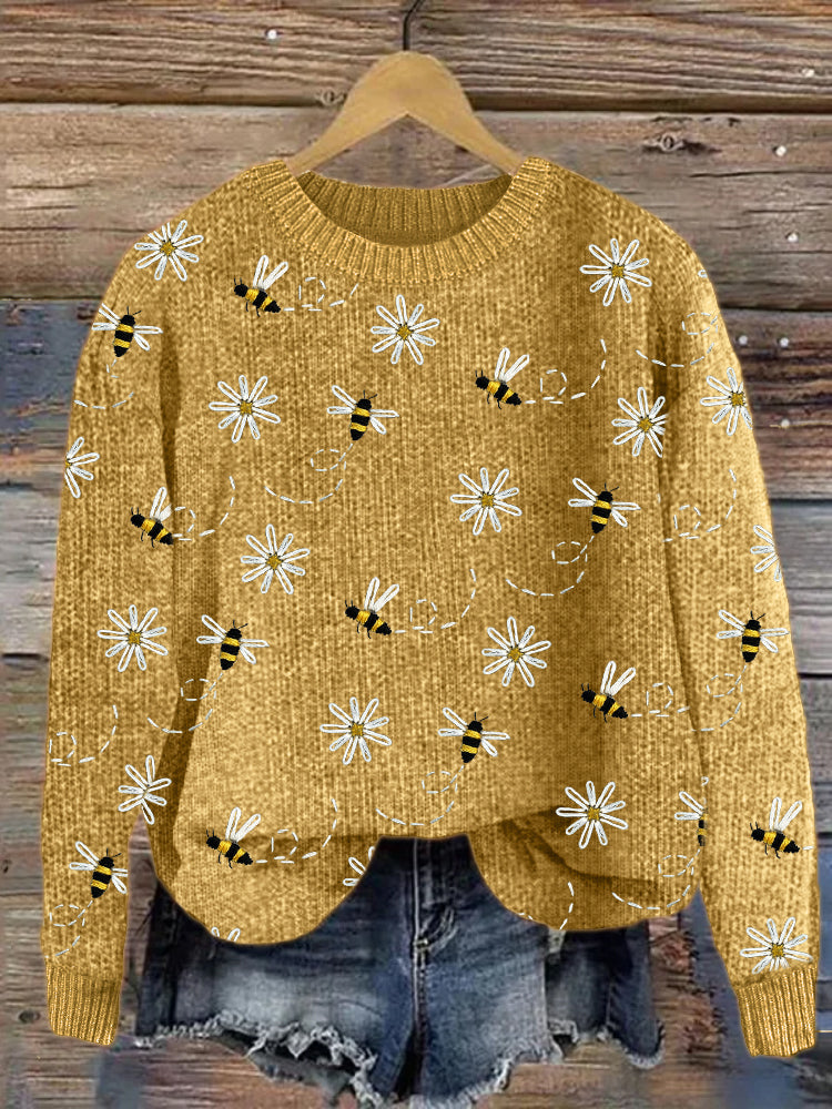 Jersey de punto con bordado de margaritas y abejas
