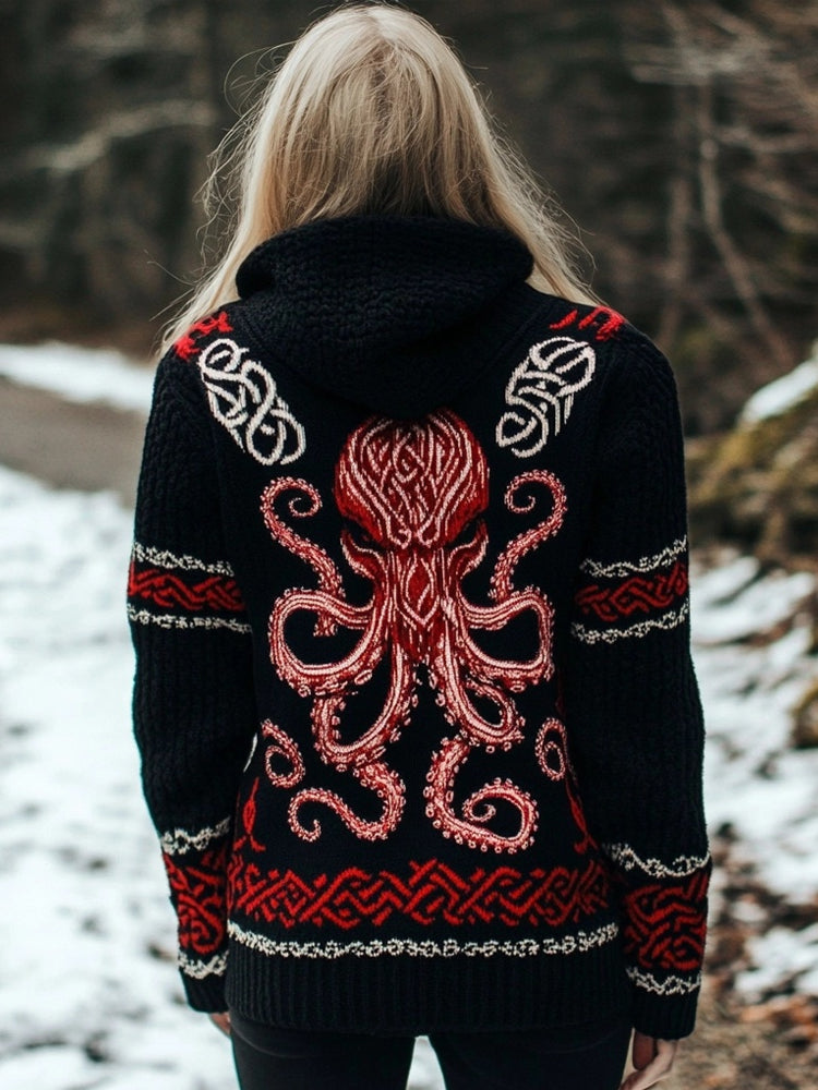 Cthulu Celtic Cozy Jacquard Chunky Hooded Cardigan elevenforest